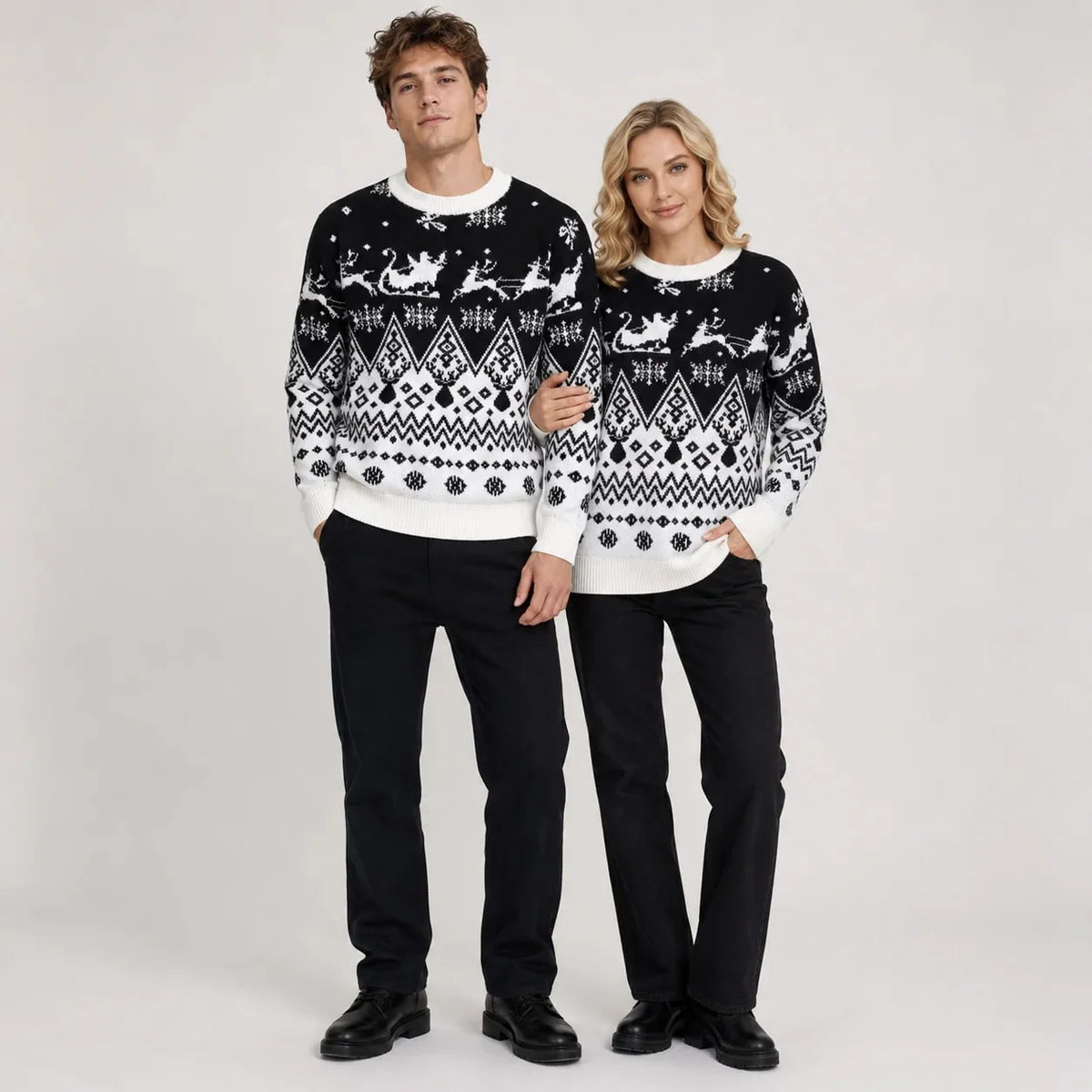 Men's Christmas jumper featuring a festive Santa sleigh and reindeer pattern, crafted from a cozy acrylic-blend jacquard knit, designed for a 2