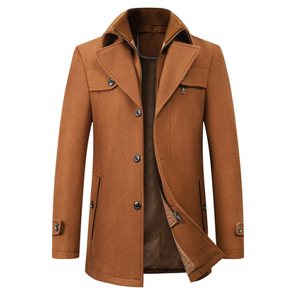 Men's wool blend coat with warm lining, featuring a structured fit for versatile winter style, ideal for cold weather occasions. 1