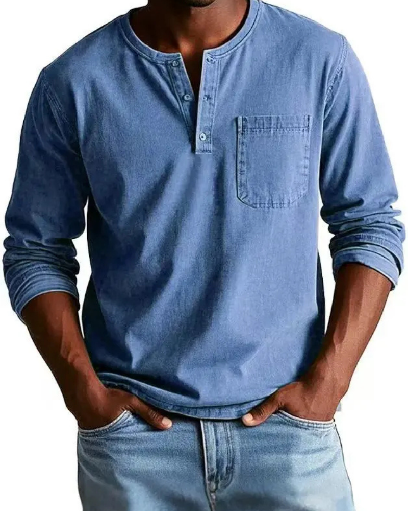 Men's denim shirt featuring a stylish henley neckline and a convenient chest pocket, perfect for casual outfits and versatile styling options. 0