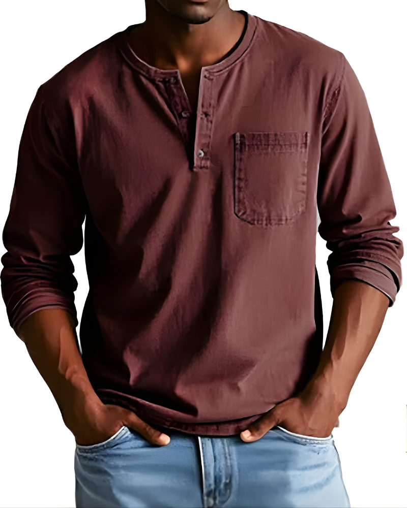 Men's denim shirt featuring a stylish henley neckline and a convenient chest pocket, perfect for casual outfits and versatile styling options. 2