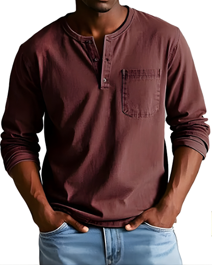 Men's denim shirt featuring a stylish henley neckline and a convenient chest pocket, perfect for casual outfits and versatile styling options. 2