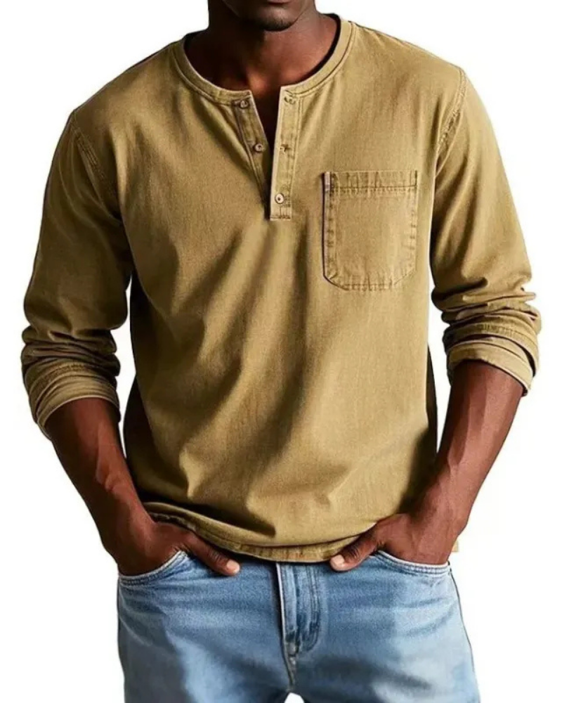Men's denim shirt featuring a stylish henley neckline and a convenient chest pocket, perfect for casual outfits and versatile styling options. 3