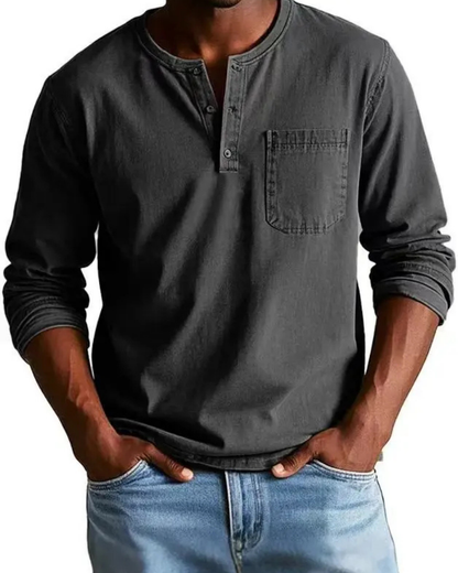 Men's denim shirt featuring a stylish henley neckline and a convenient chest pocket, perfect for casual outfits and versatile styling options. 4