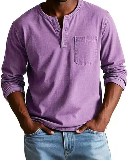 Men's denim shirt featuring a stylish henley neckline and a convenient chest pocket, perfect for casual outfits and versatile styling options. 5