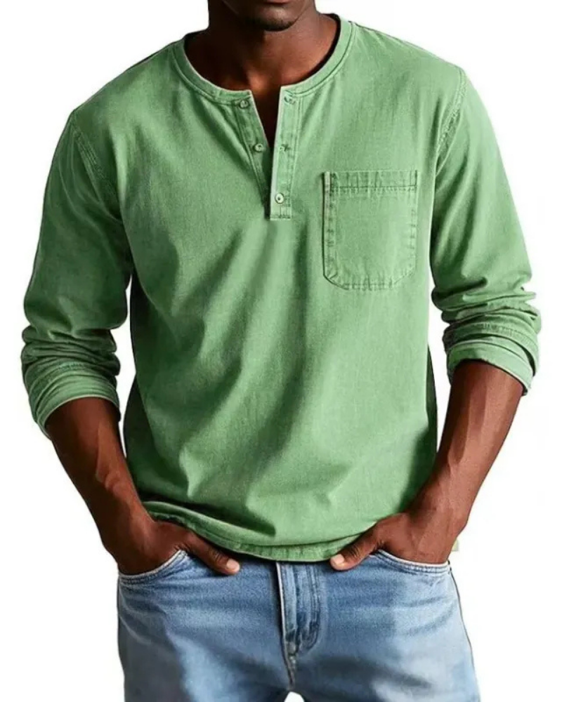 Men's denim shirt featuring a stylish henley neckline and a convenient chest pocket, perfect for casual outfits and versatile styling options. 6