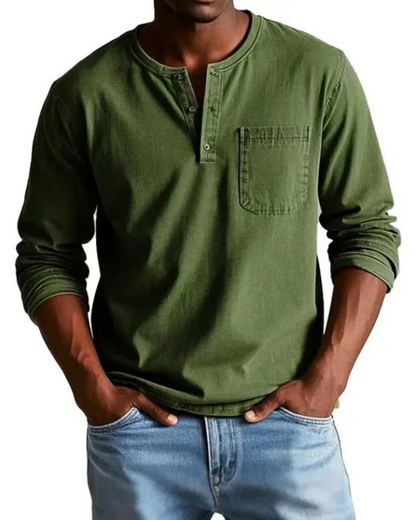 Men's denim shirt featuring a stylish henley neckline and a convenient chest pocket, perfect for casual outfits and versatile styling options. 7
