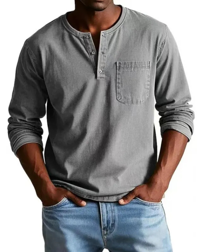 Men's denim shirt featuring a stylish henley neckline and a convenient chest pocket, perfect for casual outfits and versatile styling options. 8
