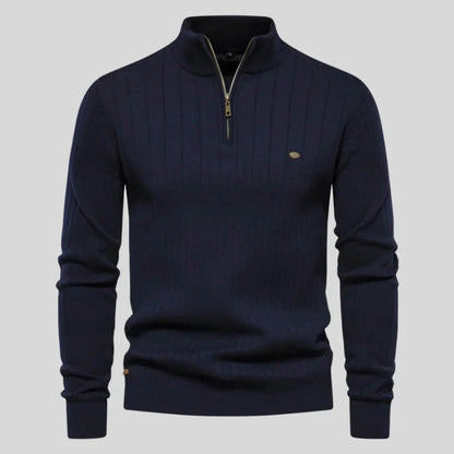 Men's lightweight half-zip sweater in a soft blue cotton-polyester blend, perfect for everyday wear. 0