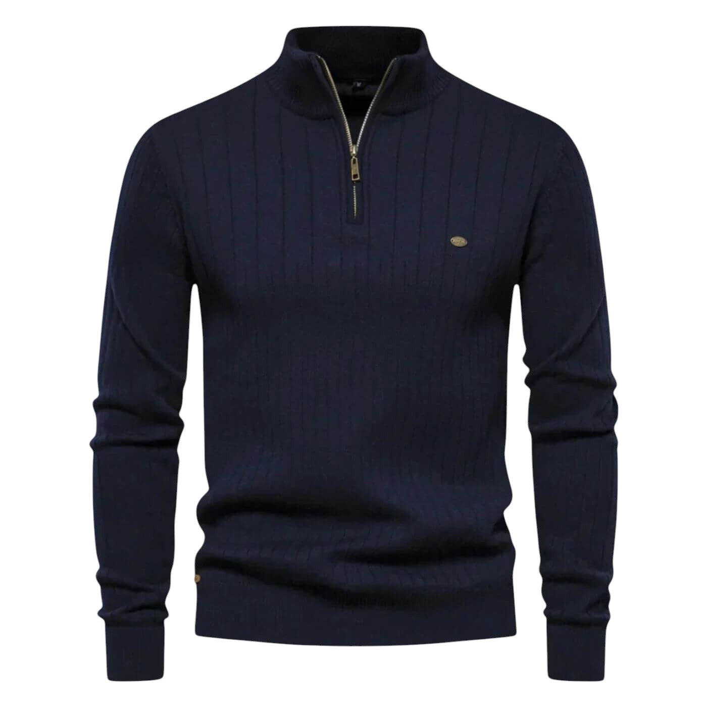 Men's lightweight half-zip sweater in a soft blue cotton-polyester blend, perfect for everyday wear. 1
