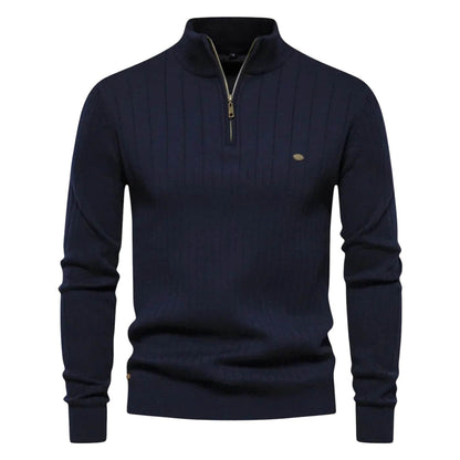 Men's lightweight half-zip sweater in a soft blue cotton-polyester blend, perfect for everyday wear. 1
