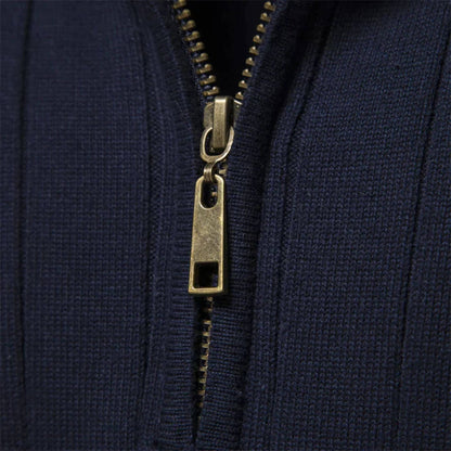 Men's lightweight half-zip sweater in a soft blue cotton-polyester blend, perfect for everyday wear. 2