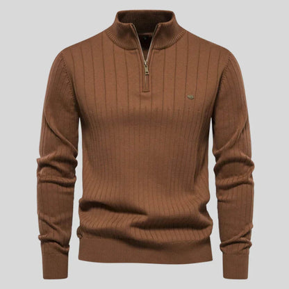 Men's lightweight half-zip sweater in a soft blue cotton-polyester blend, perfect for everyday wear. 7