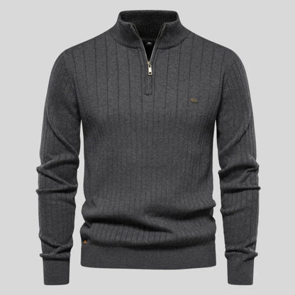 Men's lightweight half-zip sweater in a soft blue cotton-polyester blend, perfect for everyday wear. 8