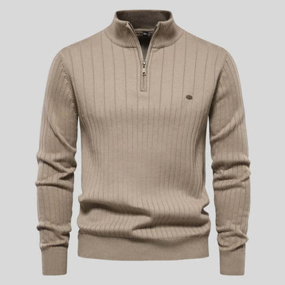 Men's lightweight half-zip sweater in a soft blue cotton-polyester blend, perfect for everyday wear. 9