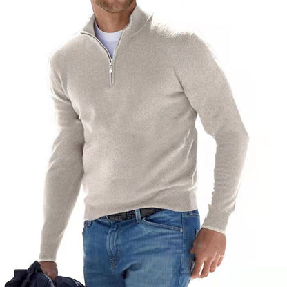 Men's half zip sweater featuring long sleeves, crafted from durable high-quality knit with a sophisticated knitted design, perfect for stylish layering in cooler weather. 1