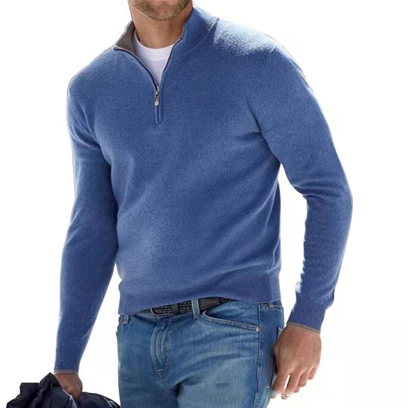 Men's half zip sweater featuring long sleeves, crafted from durable high-quality knit with a sophisticated knitted design, perfect for stylish layering in cooler weather. 2