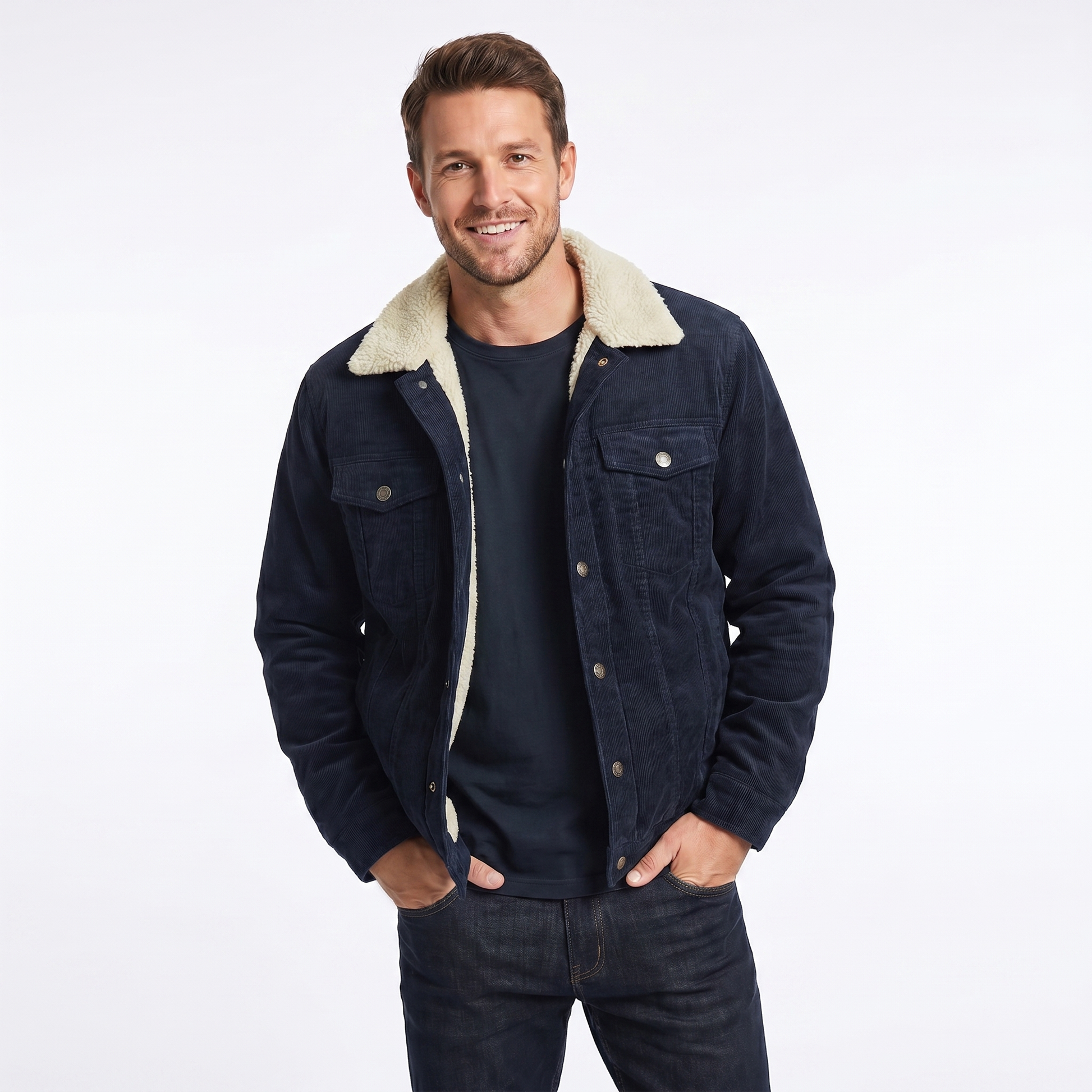 Men's corduroy winter jacket featuring a soft sherpa lining and relaxed fit, perfect for casual layering in cold weather. 0