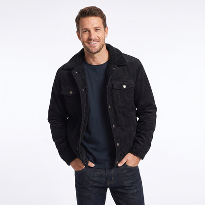 Men's corduroy winter jacket featuring a soft sherpa lining and relaxed fit, perfect for casual layering in cold weather. 1