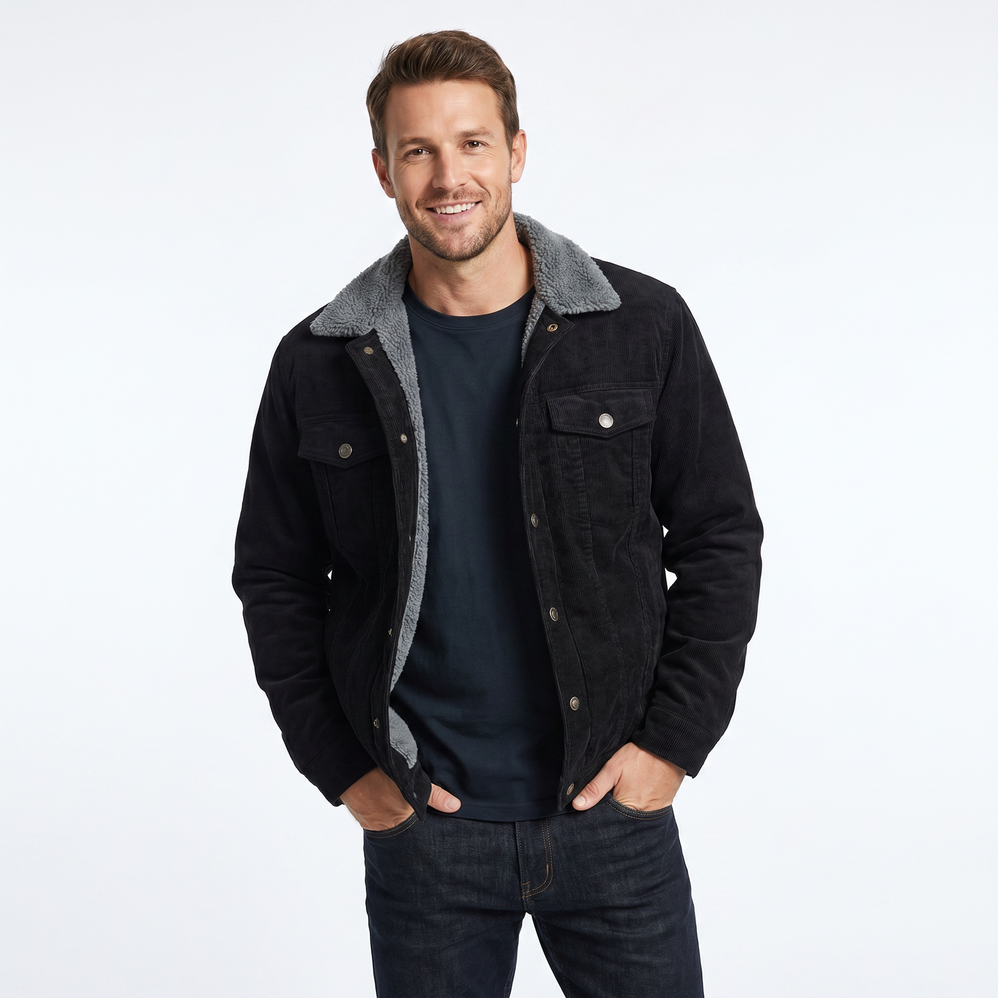 Men's corduroy winter jacket featuring a soft sherpa lining and relaxed fit, perfect for casual layering in cold weather. 2