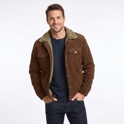 Men's corduroy winter jacket featuring a soft sherpa lining and relaxed fit, perfect for casual layering in cold weather. 3