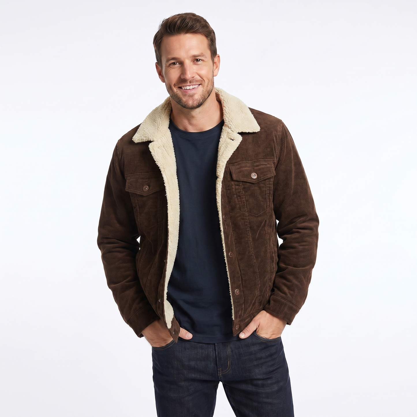 Men's corduroy winter jacket featuring a soft sherpa lining and relaxed fit, perfect for casual layering in cold weather. 4