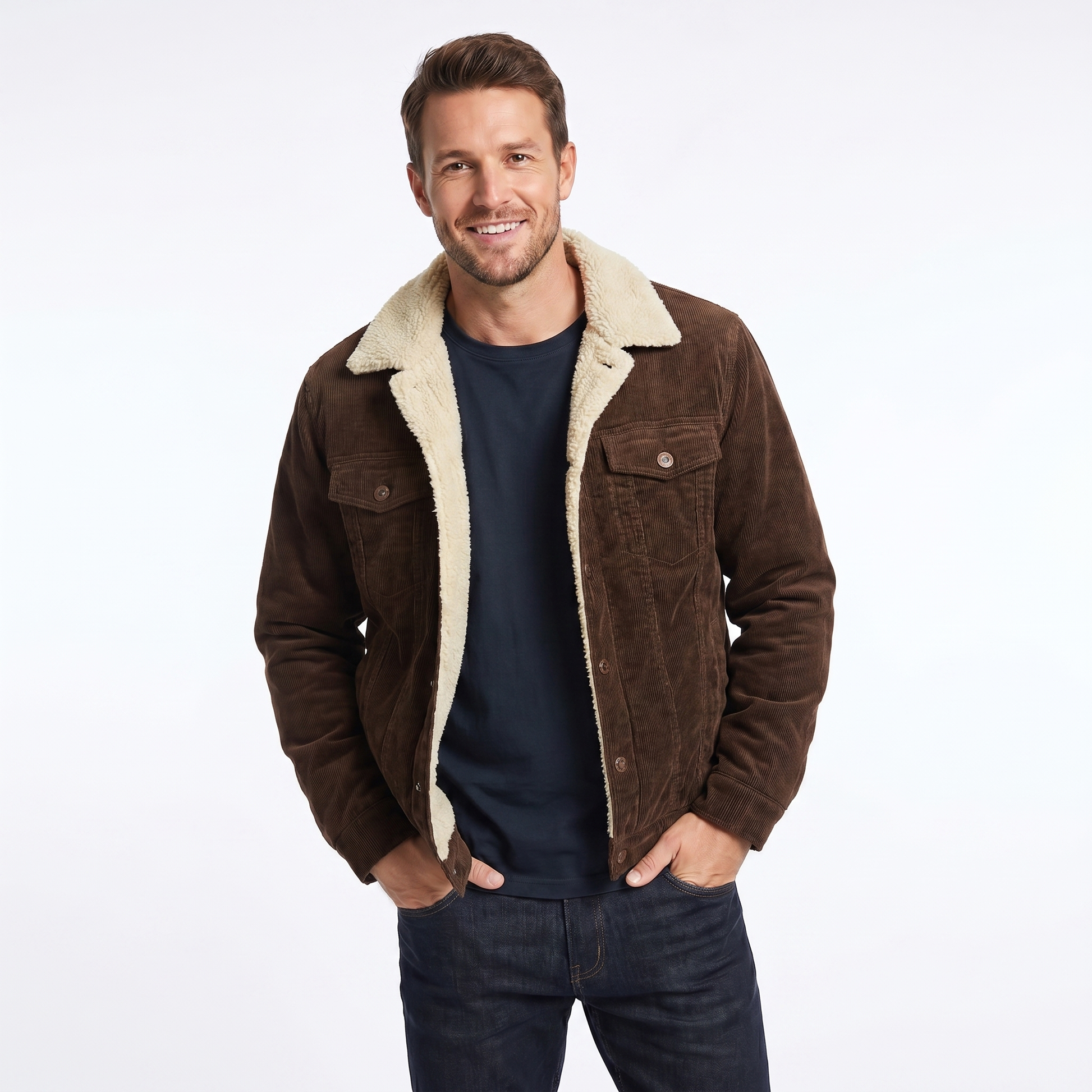 Men's corduroy winter jacket featuring a soft sherpa lining and relaxed fit, perfect for casual layering in cold weather. 4