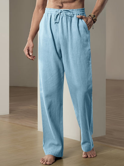 Men's linen pants featuring an elastic waist and loose fit, designed for breathability and all-day comfort, perfect for casual wear. 2