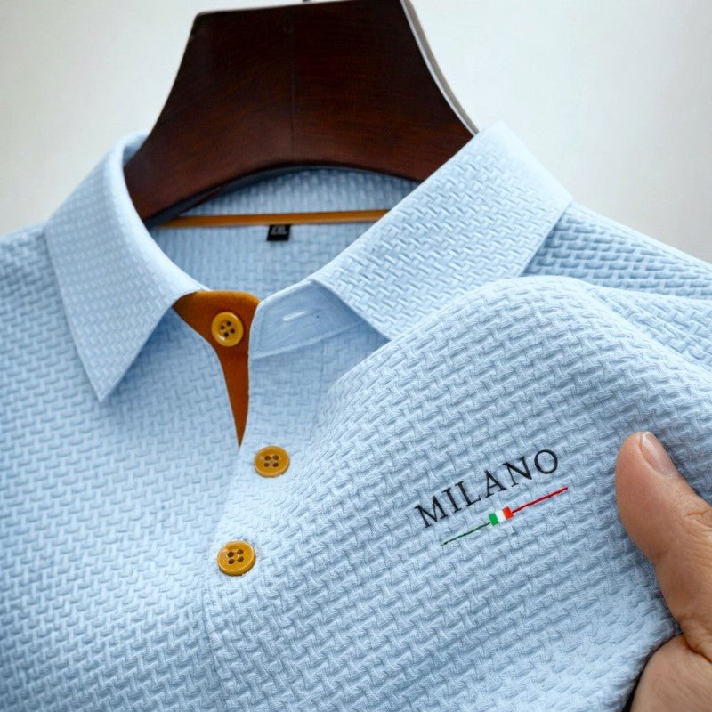 Men's textured polo shirt featuring a Milano button placket, designed for a classic fit and stylish comfort. 1