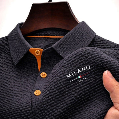 Men's textured polo shirt featuring a Milano button placket, designed for a classic fit and stylish comfort. 2
