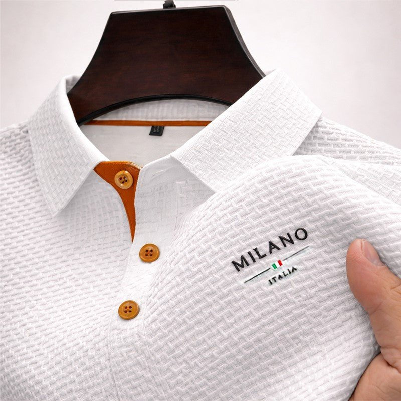Men's textured polo shirt featuring a Milano button placket, designed for a classic fit and stylish comfort. 4