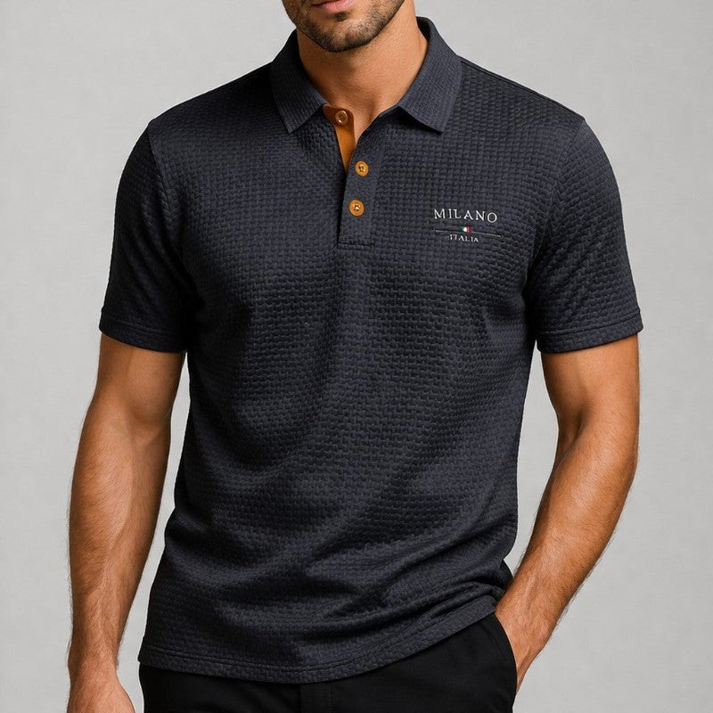 Men's textured polo shirt featuring a Milano button placket, designed for a classic fit and stylish comfort. 5