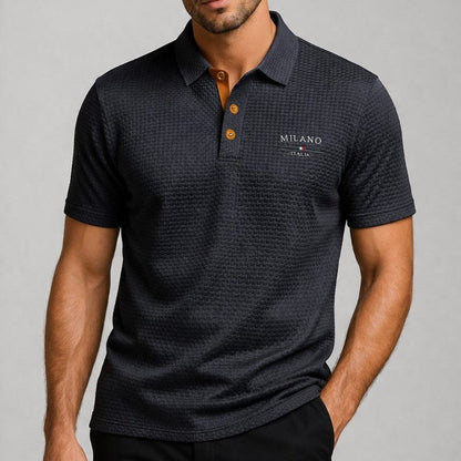 Men's textured polo shirt featuring a Milano button placket, designed for a classic fit and stylish comfort. 5