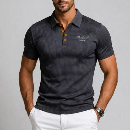 Men's textured polo shirt featuring a Milano button placket, designed for a classic fit and stylish comfort. 6