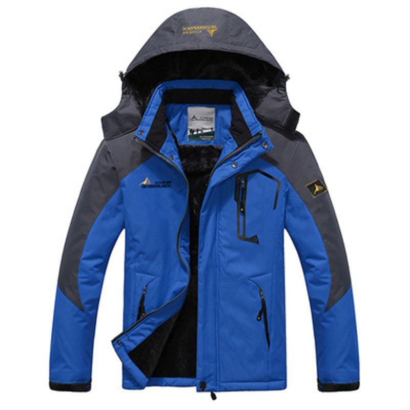 Men's waterproof parka featuring a cozy fleece lining and a detachable hood, designed for warmth and comfort during outdoor activities in winter. 1