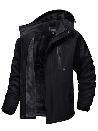 Men's waterproof parka featuring a cozy fleece lining and a detachable hood, designed for warmth and comfort during outdoor activities in winter. 2