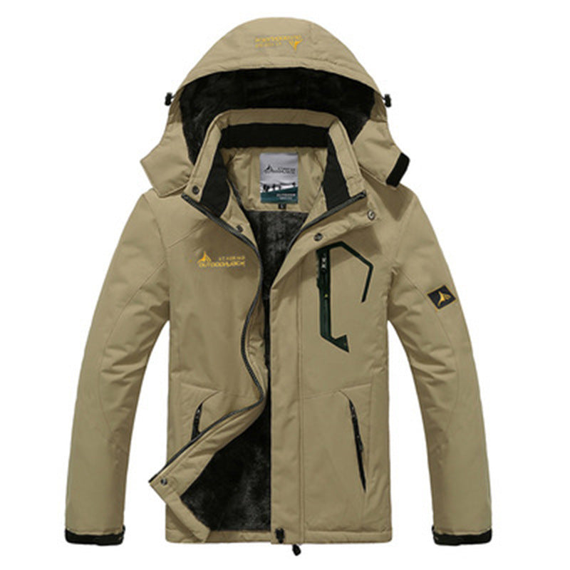Men's waterproof parka featuring a cozy fleece lining and a detachable hood, designed for warmth and comfort during outdoor activities in winter. 5