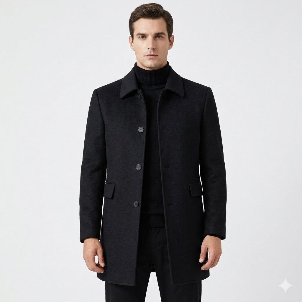 Men's tailored fit wool overcoat in classic mid-length design, perfect for formal and smart casual occasions, featuring a sophisticated look and premium material. 0