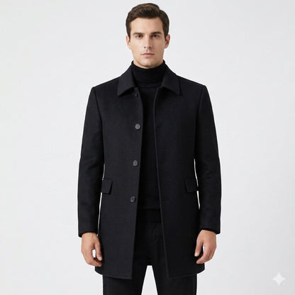 Men's tailored fit wool overcoat in classic mid-length design, perfect for formal and smart casual occasions, featuring a sophisticated look and premium material. 0