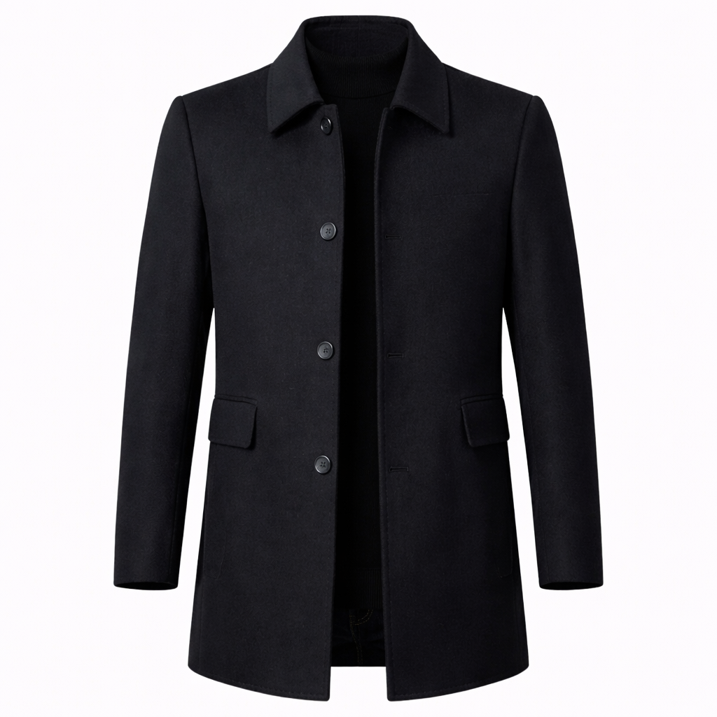 Men's tailored fit wool overcoat in classic mid-length design, perfect for formal and smart casual occasions, featuring a sophisticated look and premium material. 1