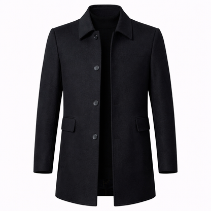 Men's tailored fit wool overcoat in classic mid-length design, perfect for formal and smart casual occasions, featuring a sophisticated look and premium material. 1
