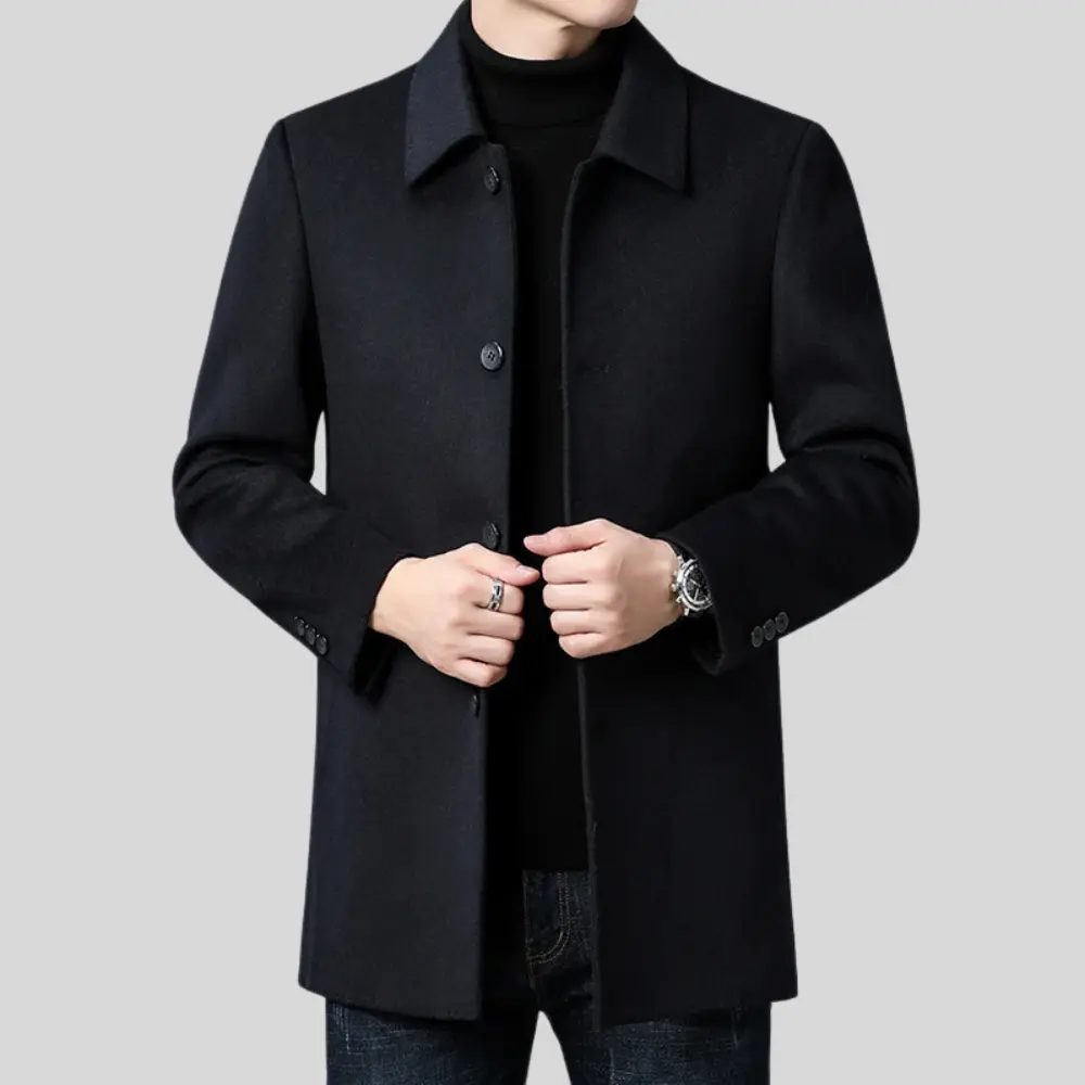 Men's tailored fit wool overcoat in classic mid-length design, perfect for formal and smart casual occasions, featuring a sophisticated look and premium material. 3