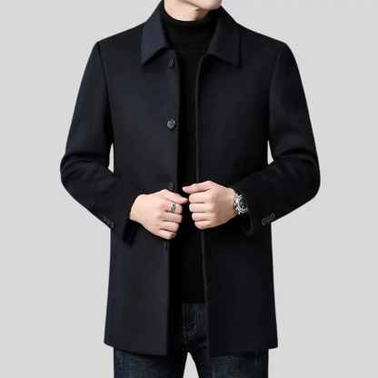 Men's tailored fit wool overcoat in classic mid-length design, perfect for formal and smart casual occasions, featuring a sophisticated look and premium material. 3