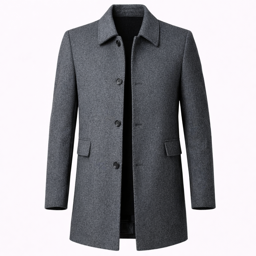 Men's tailored fit wool overcoat in classic mid-length design, perfect for formal and smart casual occasions, featuring a sophisticated look and premium material. 5