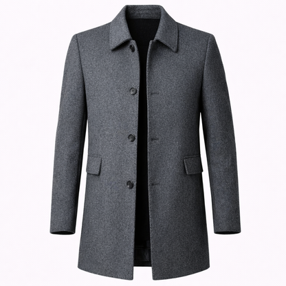 Men's tailored fit wool overcoat in classic mid-length design, perfect for formal and smart casual occasions, featuring a sophisticated look and premium material. 5