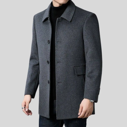Men's tailored fit wool overcoat in classic mid-length design, perfect for formal and smart casual occasions, featuring a sophisticated look and premium material. 6