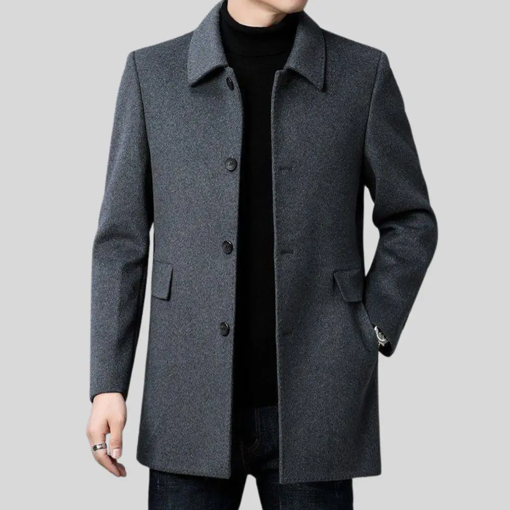 Men's tailored fit wool overcoat in classic mid-length design, perfect for formal and smart casual occasions, featuring a sophisticated look and premium material. 7