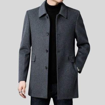 Men's tailored fit wool overcoat in classic mid-length design, perfect for formal and smart casual occasions, featuring a sophisticated look and premium material. 7