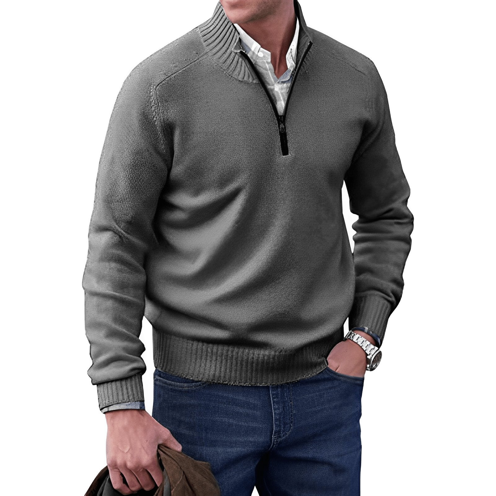 Men's knit jumper featuring a quarter-zip collar and raglan sleeves, designed for a classic regular fit in soft, warm fabric, perfect for casual 6