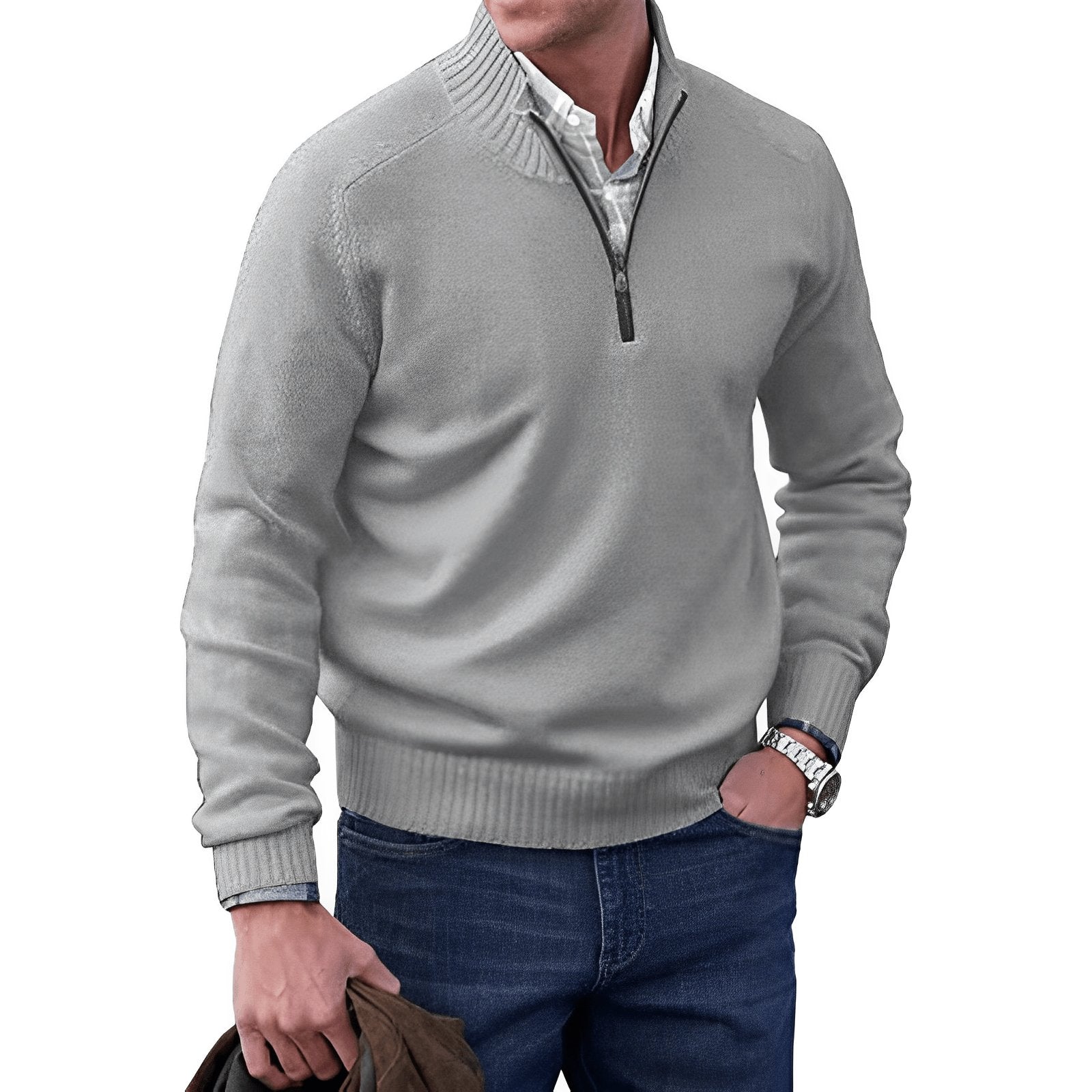 Men's knit jumper featuring a quarter-zip collar and raglan sleeves, designed for a classic regular fit in soft, warm fabric, perfect for casual 7