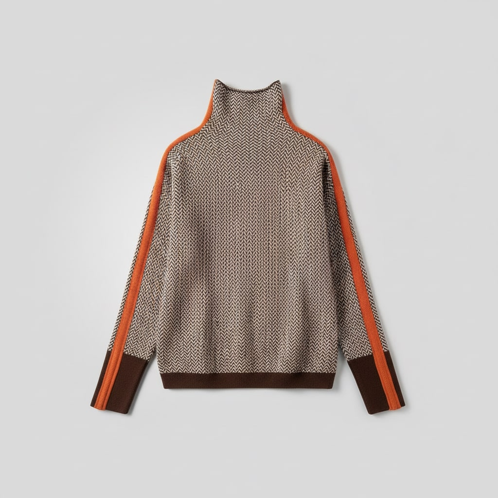 Men's turtleneck sweater featuring a high collar, contrasting stripes, and made from a soft cotton-acrylic blend, perfect for stylish layering in 1